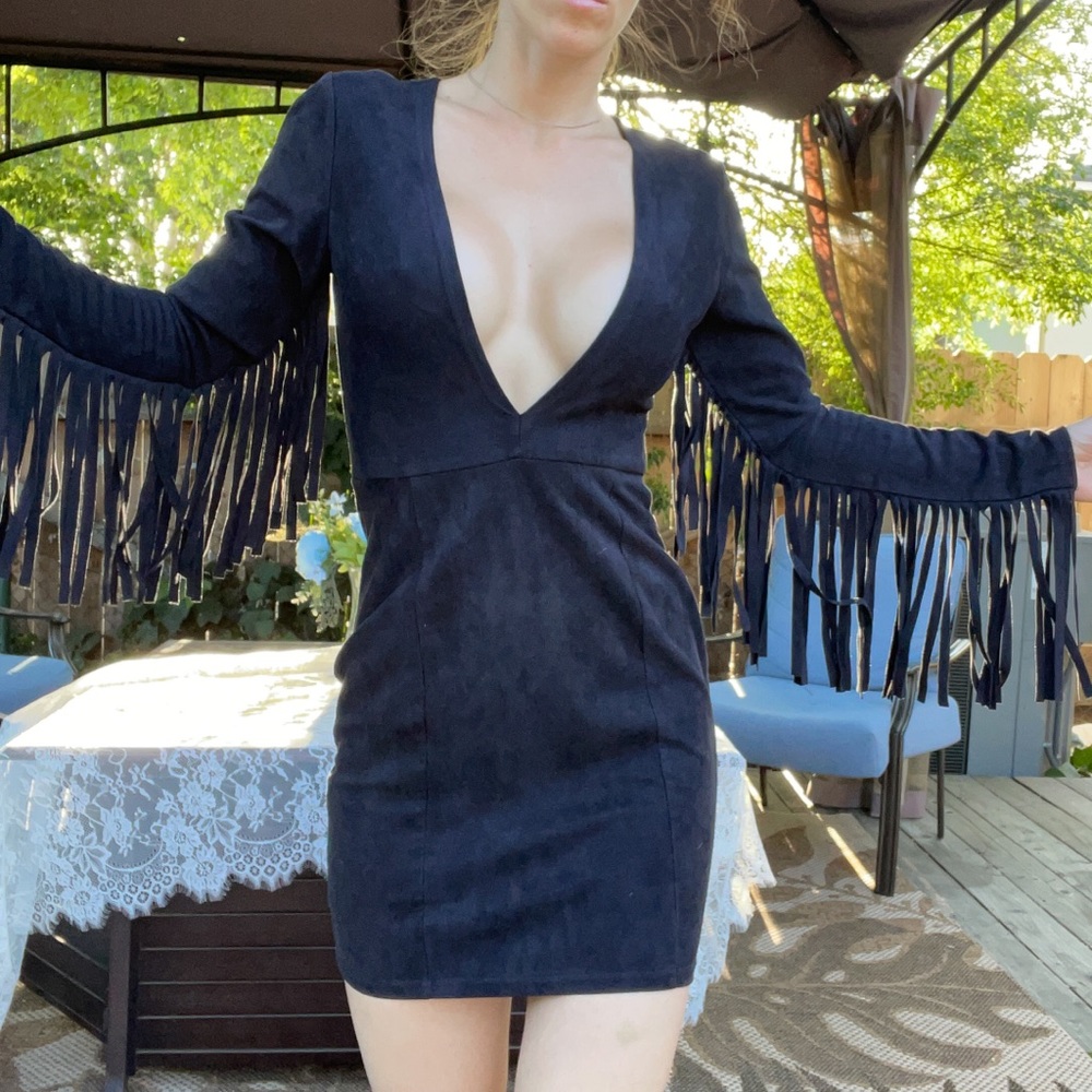 Black fringe suede mini dress